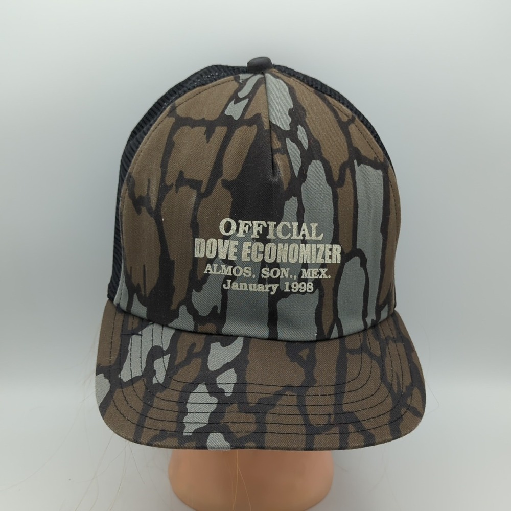 Vintage 1998 Official Dove Economizer Hat Camo Mesh Snapback USA Made Alamos Mex